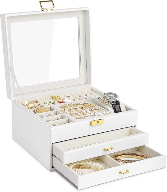 SIMBOOM Jewellery Box with Glass Lid, 3 Layers Jewellery Organiser Jewellery Storage Box with 2 Drawers Jewelry Storage Case for Rings Earrings Necklace Bracelets Watch with a Gift Box, White