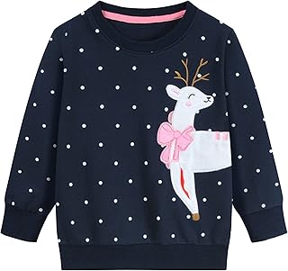Girls Christmas Jumpers for Kids Xmas Sweatshirt Cotton Pullover Tops Cute Reindeer Children Long Sleeve T-Shirt Winter Toddler Clothes Gift Age 1-7 Years