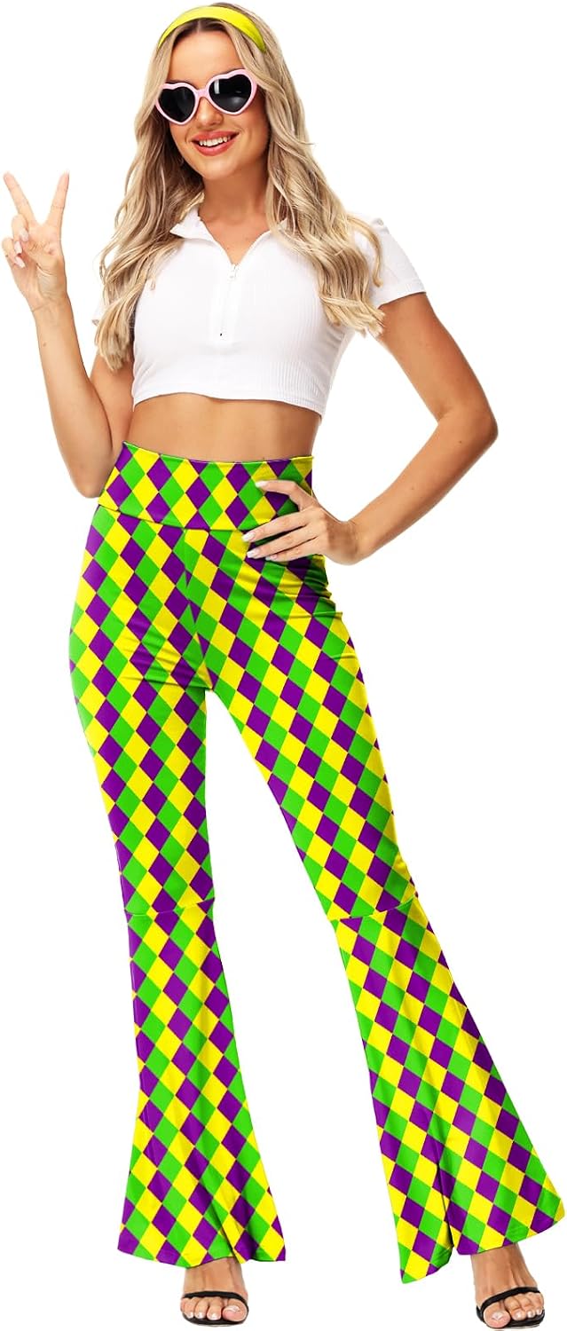 AOBUTE Womens Mardi Gras Bell Bottoms Purple Green Yellow High Waist Flare Pants