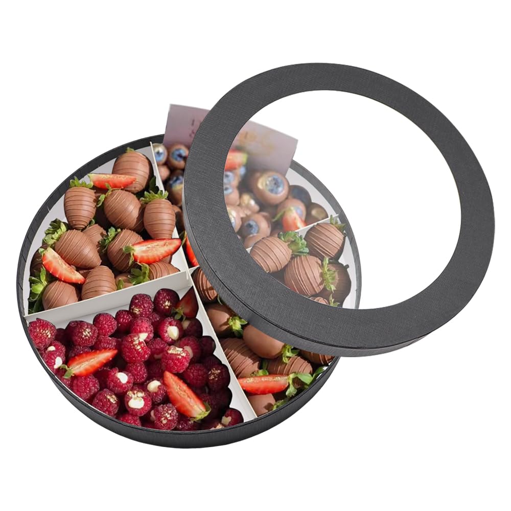 Dylcypheria 12.5inch Empty Big Round Shaped Gift Box With Window Charcuterie Cardboard Chocolate Strawberry Packaging Valentine's Day (BLACKROUND)