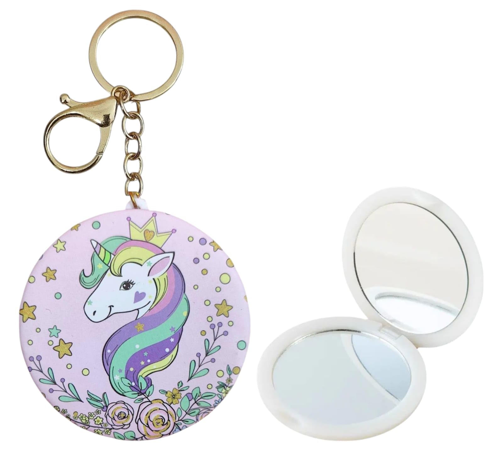 TERA 13 Unicorn Metal Folding Pocket Mirror, Multicolor Round Keychain, Portable Handheld Design, Modern Style, Glass Mirror with Hook & Loop Closure, Gift for Girls & Women (1 PCS)