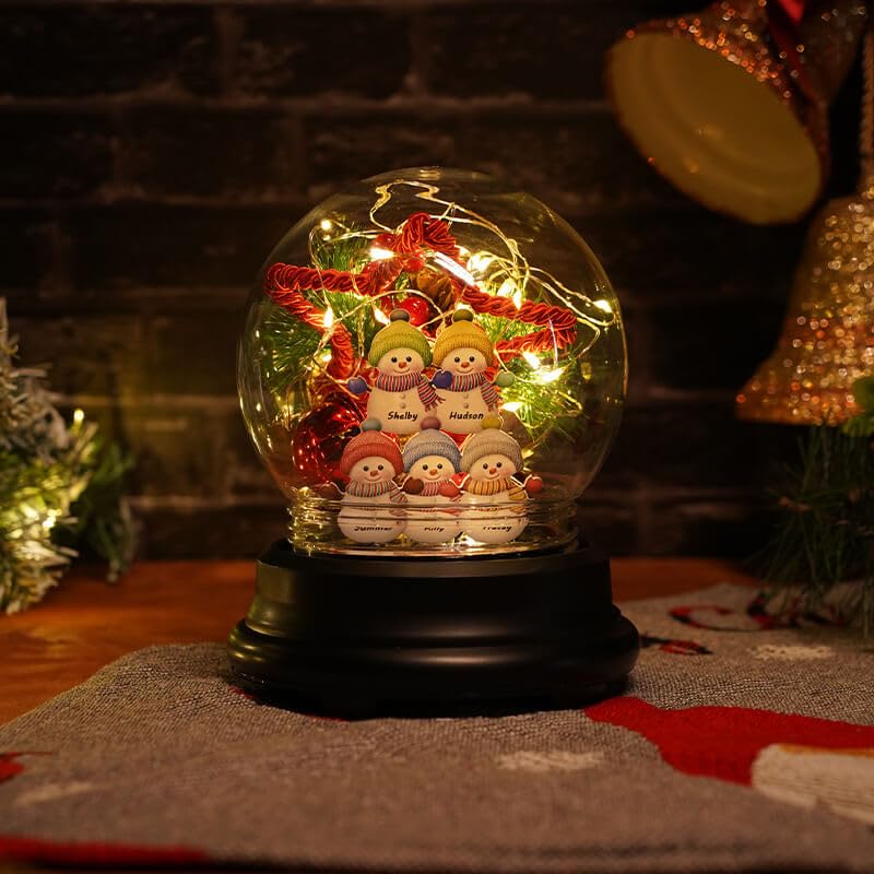 Palla di cristallo personalizzata con pupazzo di neve, sfera di cristallo con pupazzo di neve con nome 1-10, luci a LED per San Valentino, compleanno, per famiglia, moglie, mamma (stile 2)