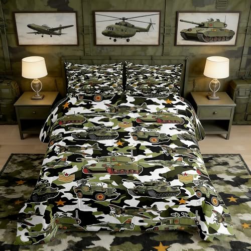 Manfei War Theme Comforter Set Queen Size, Army Aircraft Tanks Down Comforter with 2 Pillowcases, Retro Green Camouflage Bedding Set 3pcs for Kids Boys Teens Room Decor Lightweight Duvet Insert