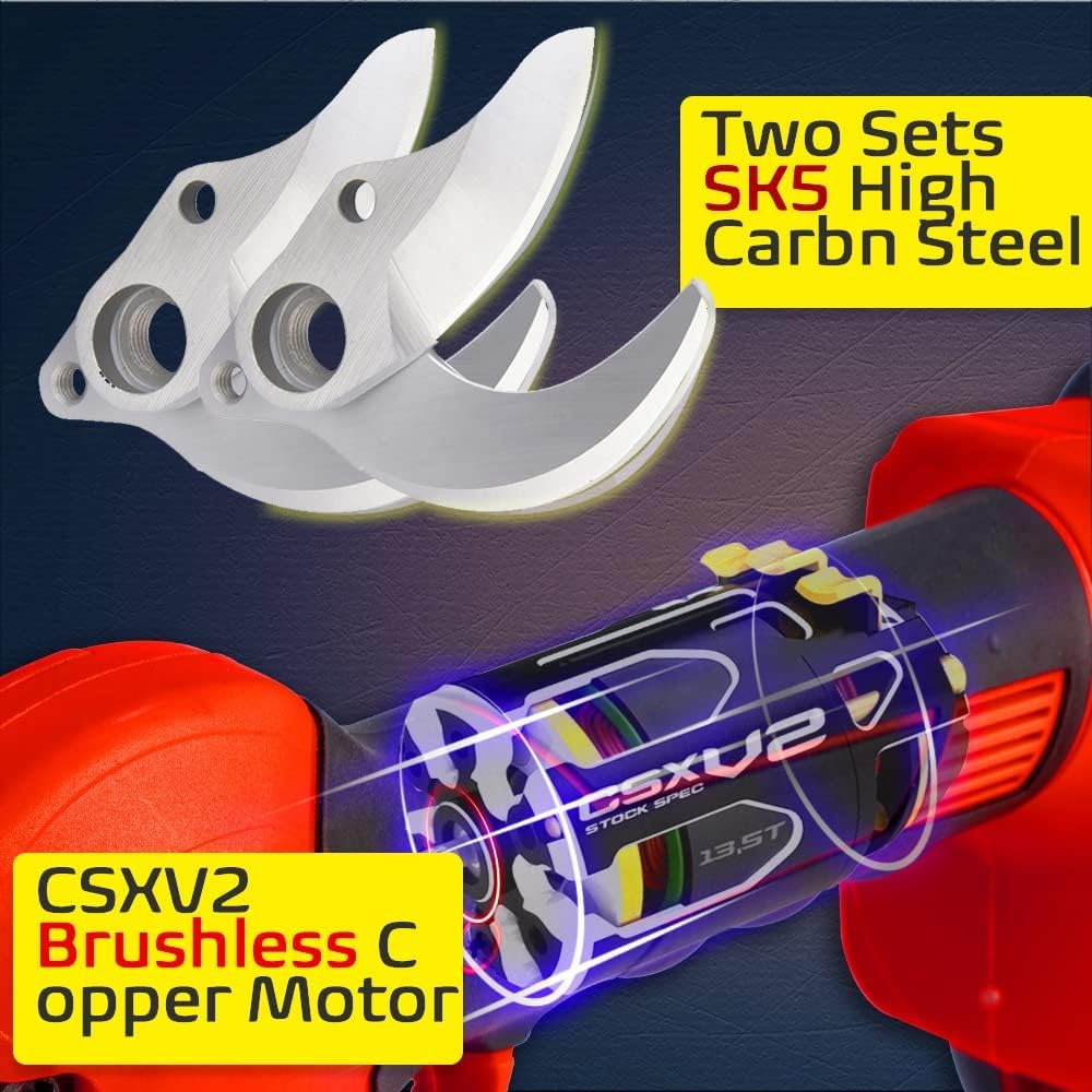 Rokrou 21V Electric Pruning Shears — 1.57" (40mm) Cutting Diameter For Gardening Cordless Tree Pruner With 2 Pack Rechargeable Battery & Replacement Blade Set Red