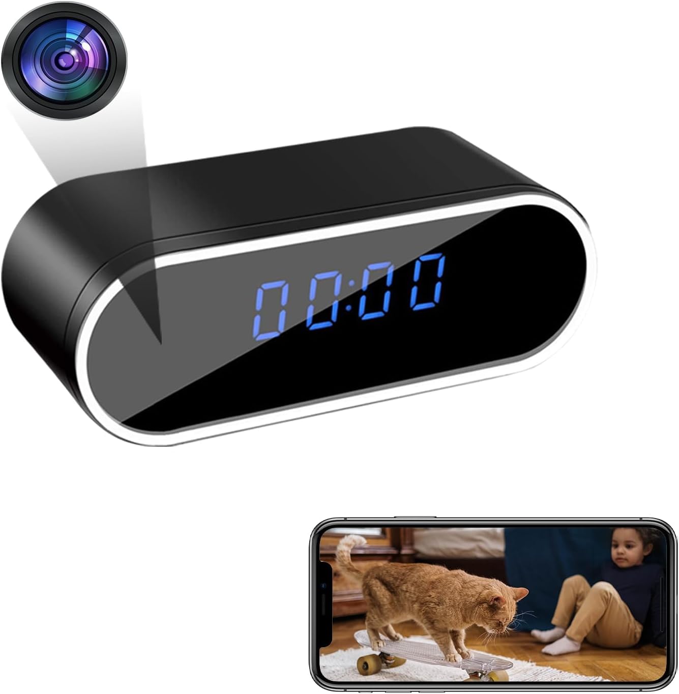 WiFi Camera Clock, 1080P HD Wireless Security Camera with Night Vision, Motion Detection, Mobile Alerts, Pet Camera with Phone App, Indoor Nanny Cam for Home & Office