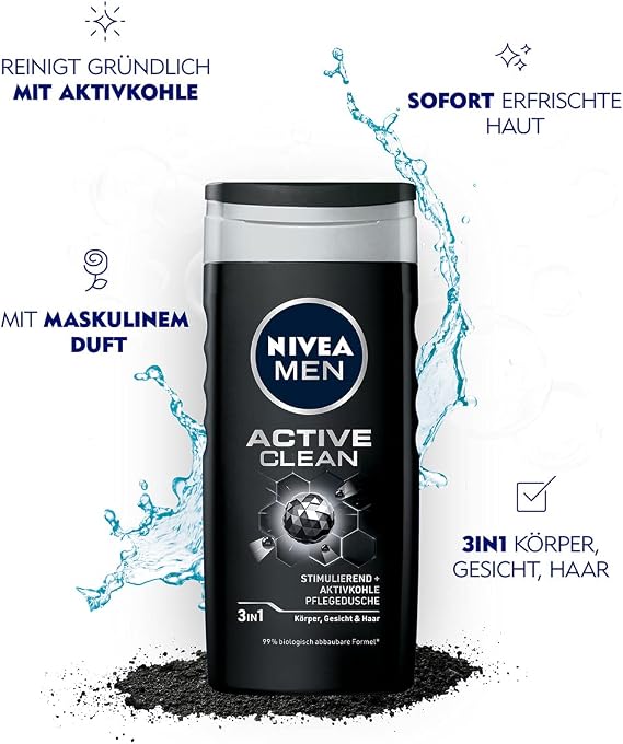 Nivea Men Active Clean Shower Gel (250 ml), Effective Shower Gel with Natural Activated Charcoal, Refreshing Shower for the Body, Face and Hair | Natural Activated Charcoal, For Body, Face and Hair, Refreshing, Effective Cleansing