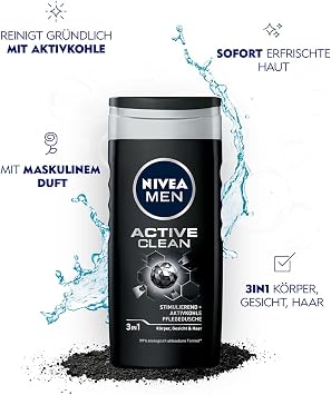 Nivea Men Active Clean Shower Gel (250 ml), Effective Shower Gel with Natural Activated Charcoal, Refreshing Shower for the Body, Face and Hair | Natural Activated Charcoal, For Body, Face and Hair, Refreshing, Effective Cleansing