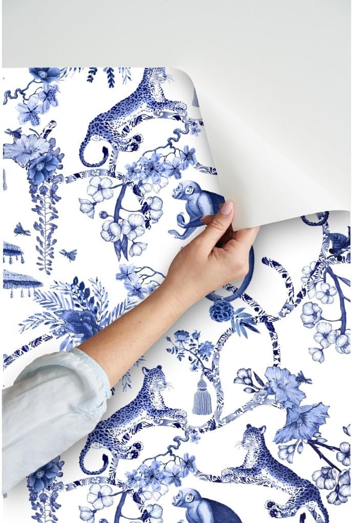 Peel & Stick Wallpaper 9ft x 2ft - Chinoiserie Blue White Flowers Floral Branches Monkey Leopard Umbrella Custom Removable Wallpaper by Spoonflower