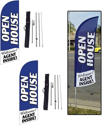 FFN Paquete de 2 kits de bandera de plumas azules de 8 pies, incluye postes de bandera, estacas de tierra y bolsas de viaje, letreros de césped para