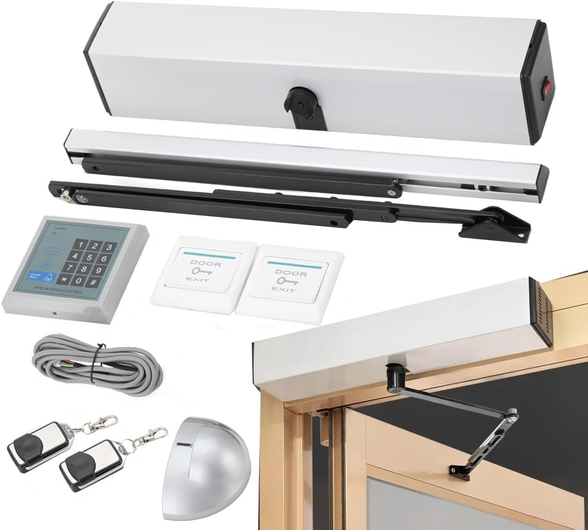 Cdzhltg Sliver Automatic Door Opener And Closer 50W Heavy Duty Electric Handicap Swing Door Operator With 2Pcs Remote Controls, 2Pcs Push Button, 2Pcs Pull Arm/Push Arm