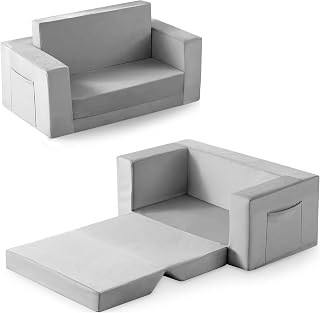 Kids Couch, 2-in-1 Toddler Chair Comfy 1-3 Years, Convertible Kids Chair, Toddler Couch That Fold Out, Kid Lounge Chairs for Boys and Girls, Soft Coral Fleece, Double, Grey