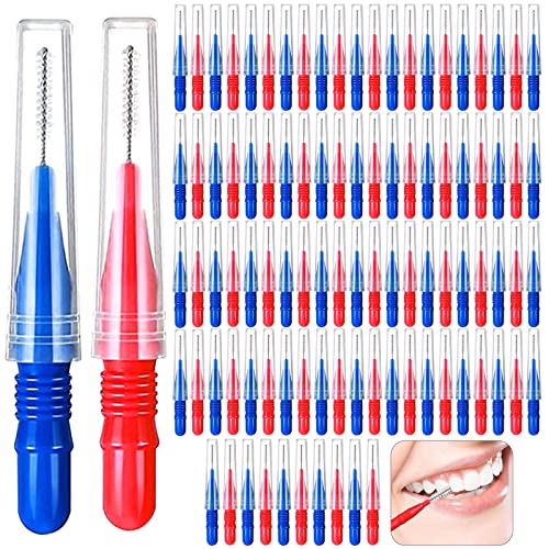 100 Stück Zahnzwischenraumbürsten, Interdentalbürsten Dentalbürsten Zwischenraum Zahnbürste Wiederverwendbar für Reinigung Zwischen den Zähnen Zahnreinigung Werkzeug Rot Blau – Bild 3