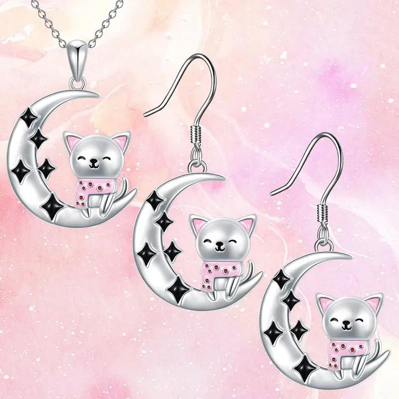 Cat Necklace Earrings Jewelry Set, Pink Crystal Accents Moon Cute Animal Jewelry Gifts for Women Cat Lovers - Image 2