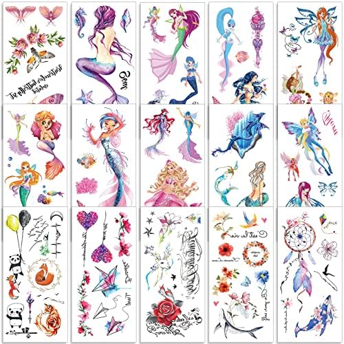 Qpout 15 Sheets Temporary Tattoos for Women/Girls, Mermaid Rose Flower Tribal Totem Temporary Tattoos Realistic, Fake Tattoos for Women Girls