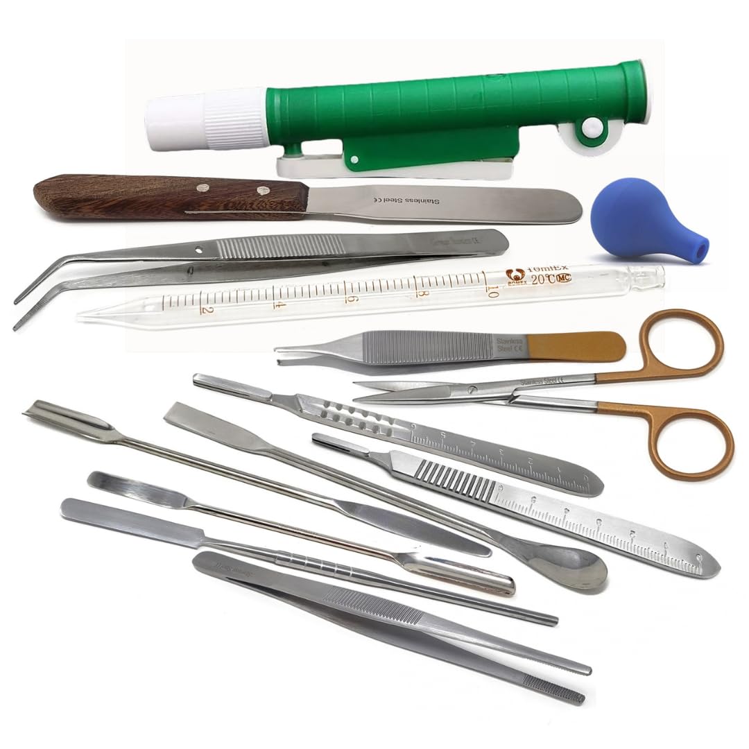 13Pcs Laboratory Sampling Stainless Lab Spatulas Micro Scoop Spoon Kit with Forceps, Scissors, Scalpel Handle, Glass Pipette, Pipettor Pump Multipurpose Science Experiment Supplies for Schools
