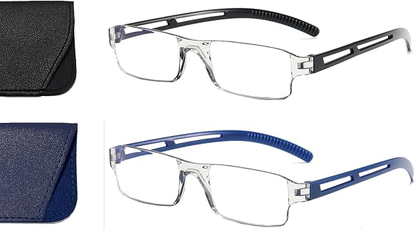 Hubeye 2 Paia Occhiali da lettura Ultraleggeri Montatura Trasparente Anti luce blu con Custodia in Pelle per Uomo e Donna 1.25 - 2