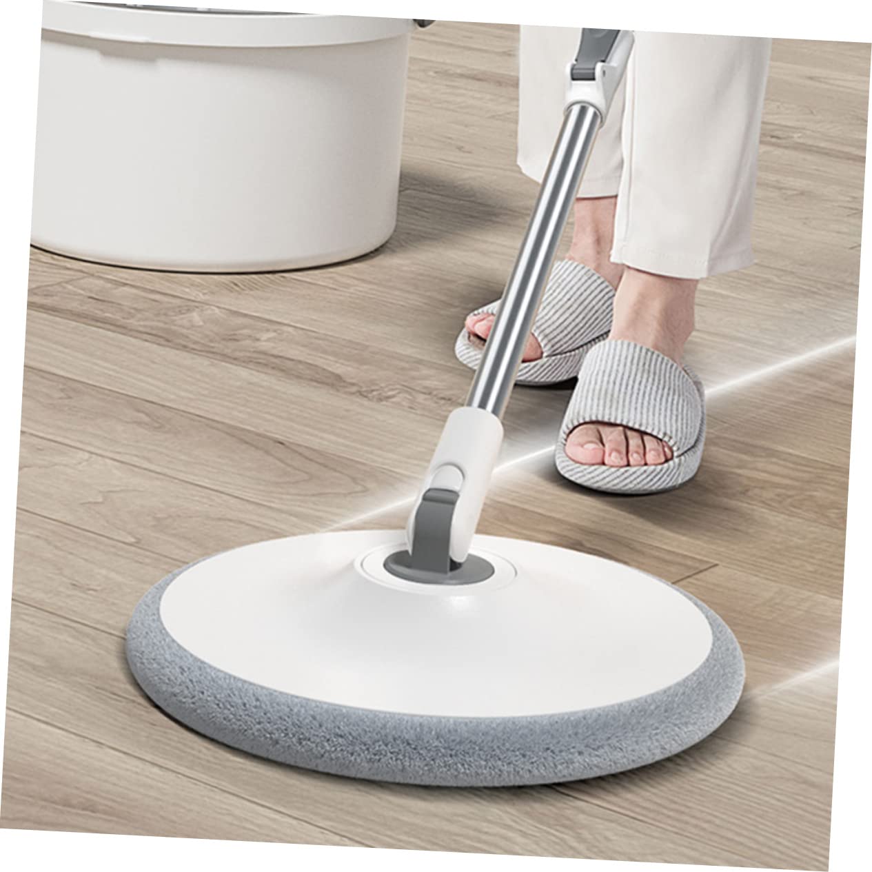 Mop Rotante per Pavimenti Secchio, Acciaio Inox e Plastica Bianco