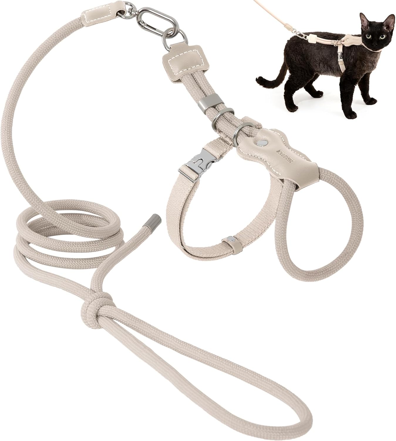 ETIAL Premium Adjustable Escape-Proof Cat Harness & Leash Set with Leather Sliding Back, 4.3ft Nylon Rope, Cross-Strap, Heavy-Duty Buckles for Secure Walking (Creamy Brown, Back Length 3.5”-4.7”)
