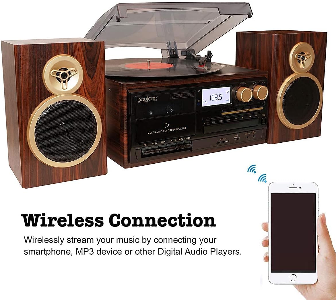 Boytone BT-28SPM Bluetooth Classic Style Record Player Turntable with AM-FM Radio