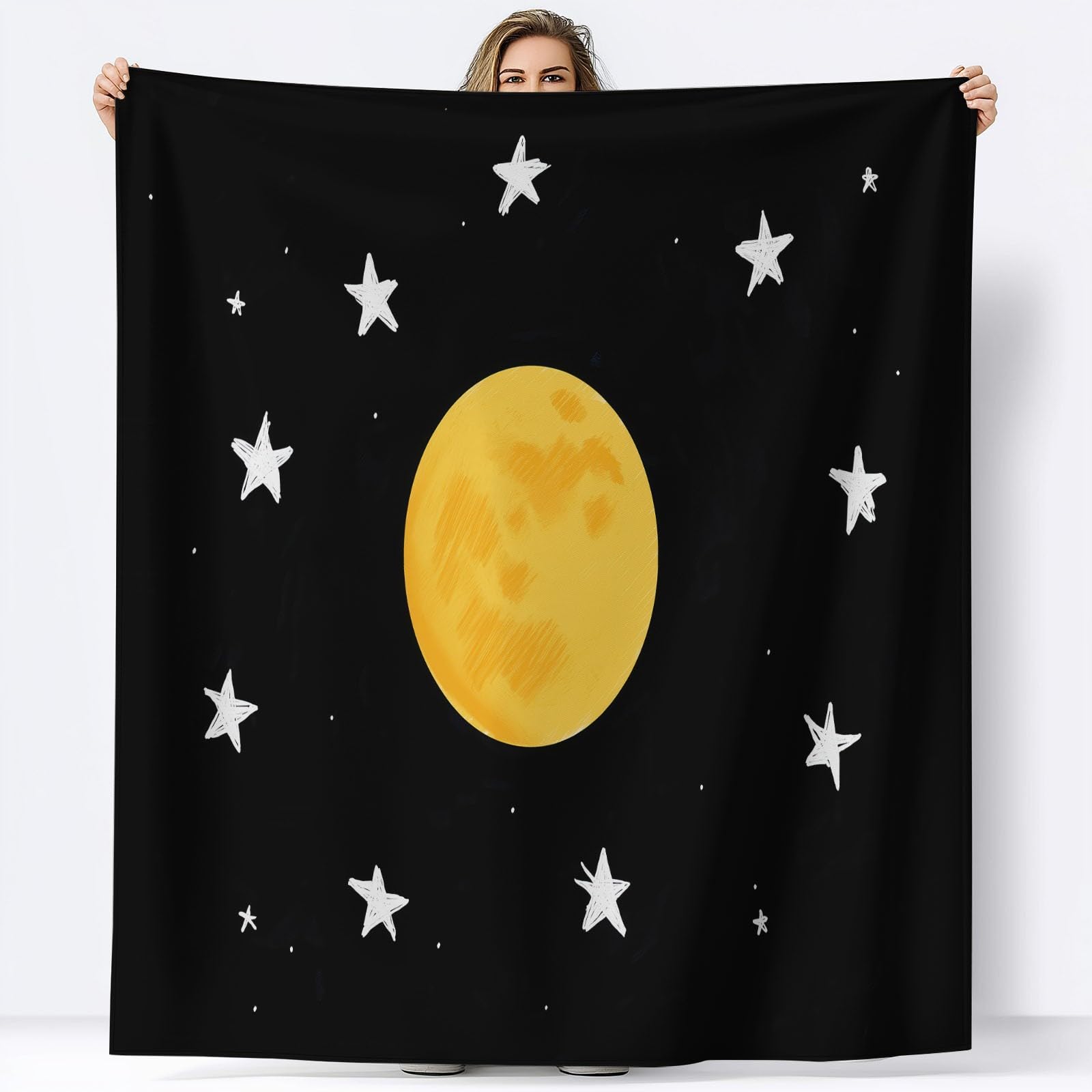 Manta de Franela Suave y Cálida 200 x 200 cm Libro Ilustrado Infantil Estrellas Y Luna – Manta de Cama o Sofá con Estampado 3D de Líneas Onduladas, Ligera y Confortable, para Adultos y Niños, Negro