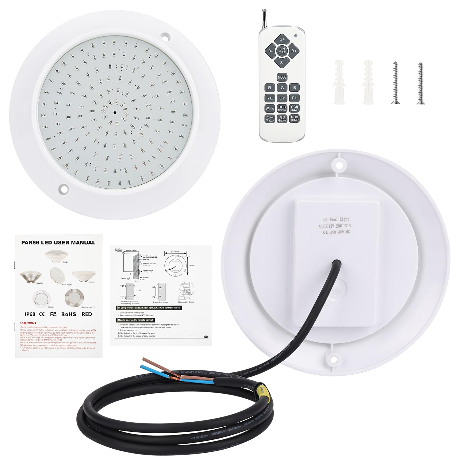 Foco de Piscina LED Par56, 20W RGB iluminación de la Piscina con mando a distancia, IP68 bajo el agua de iluminación LED, AC/DC 12V lámpara de la piscina reemplazar PAR56 foco y foco halógeno