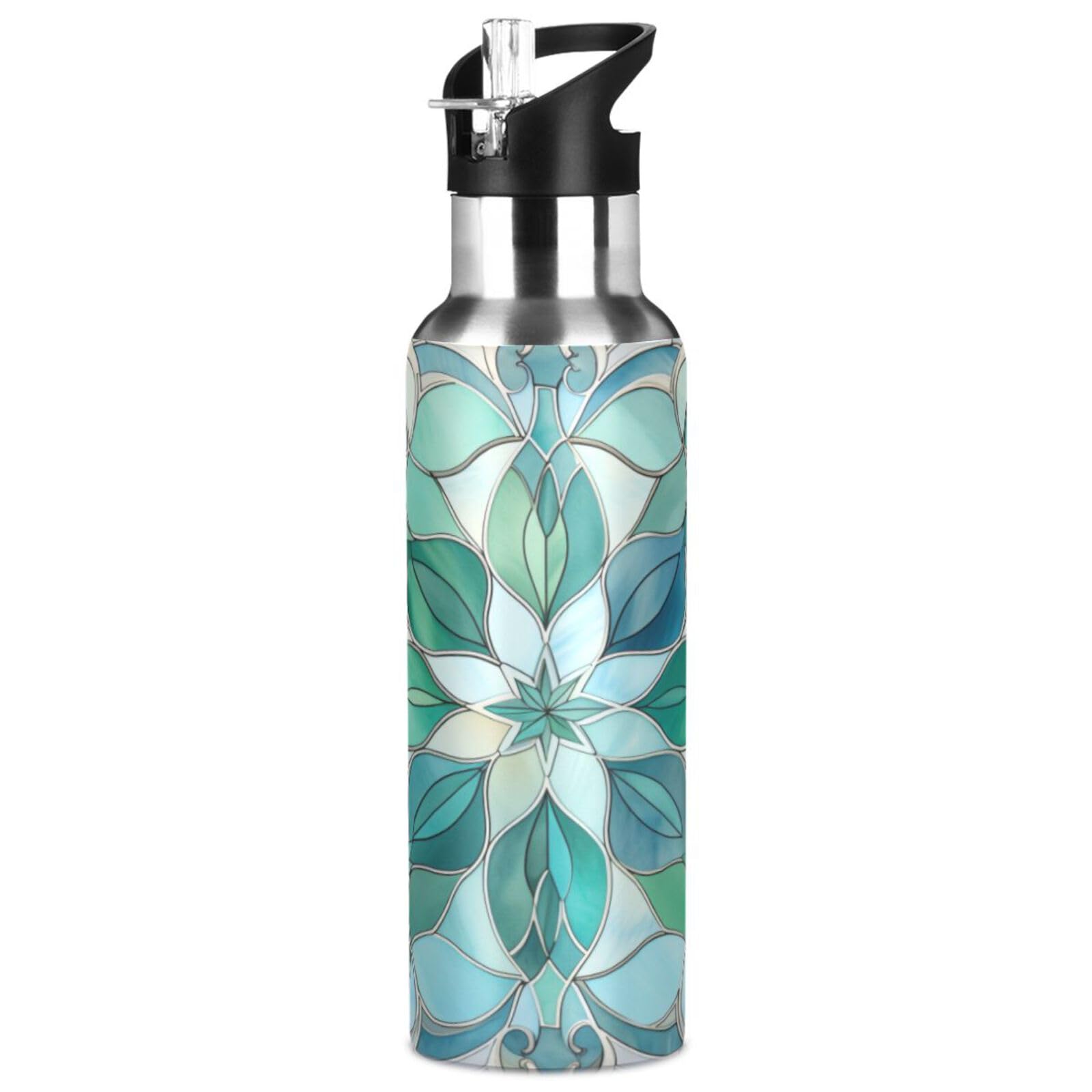 ALAZA Teal Green Blue Floral Water Bottle with Straw Lid Vacuum Insulated Stainless Steel Thermo Flask Water Bottle 32oz