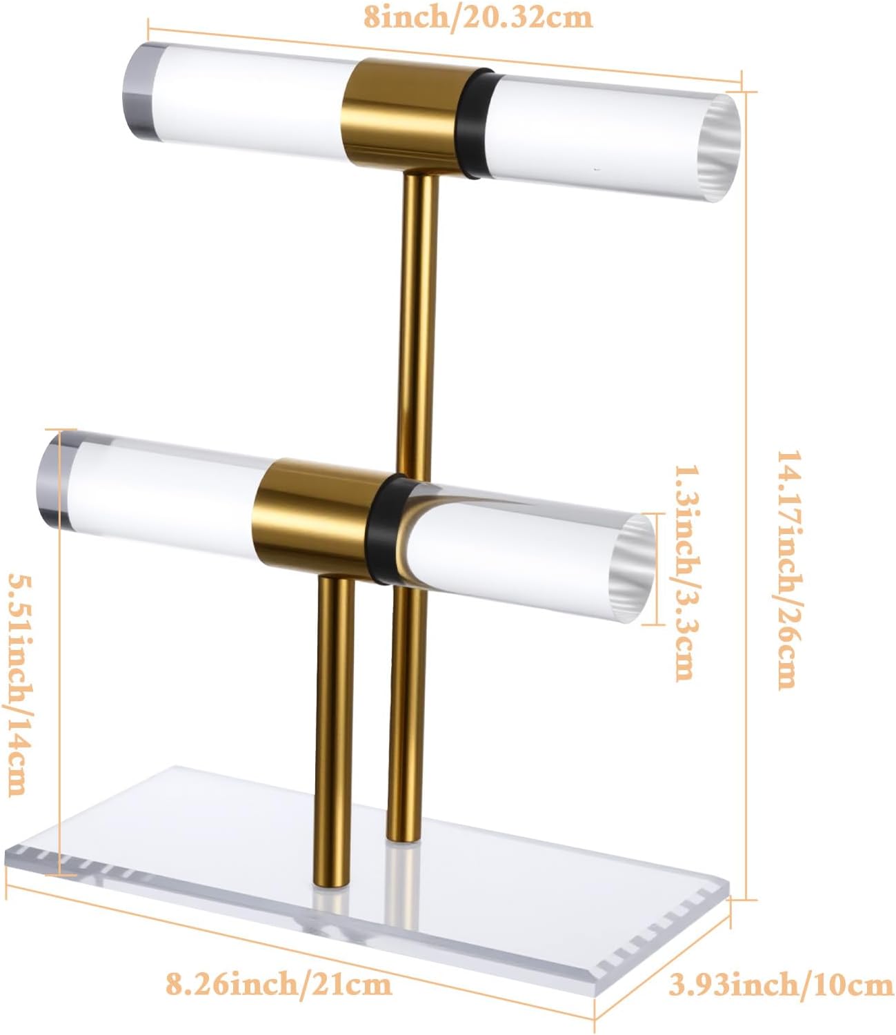 Necklace Holder Bracelet Holder, 2-Tier Acrylic Jewelry Display Stand Gold Jewelry Tower Stand Crystal T Bar jewelry-Organizer Gift for Women(2-Tier 1pc)