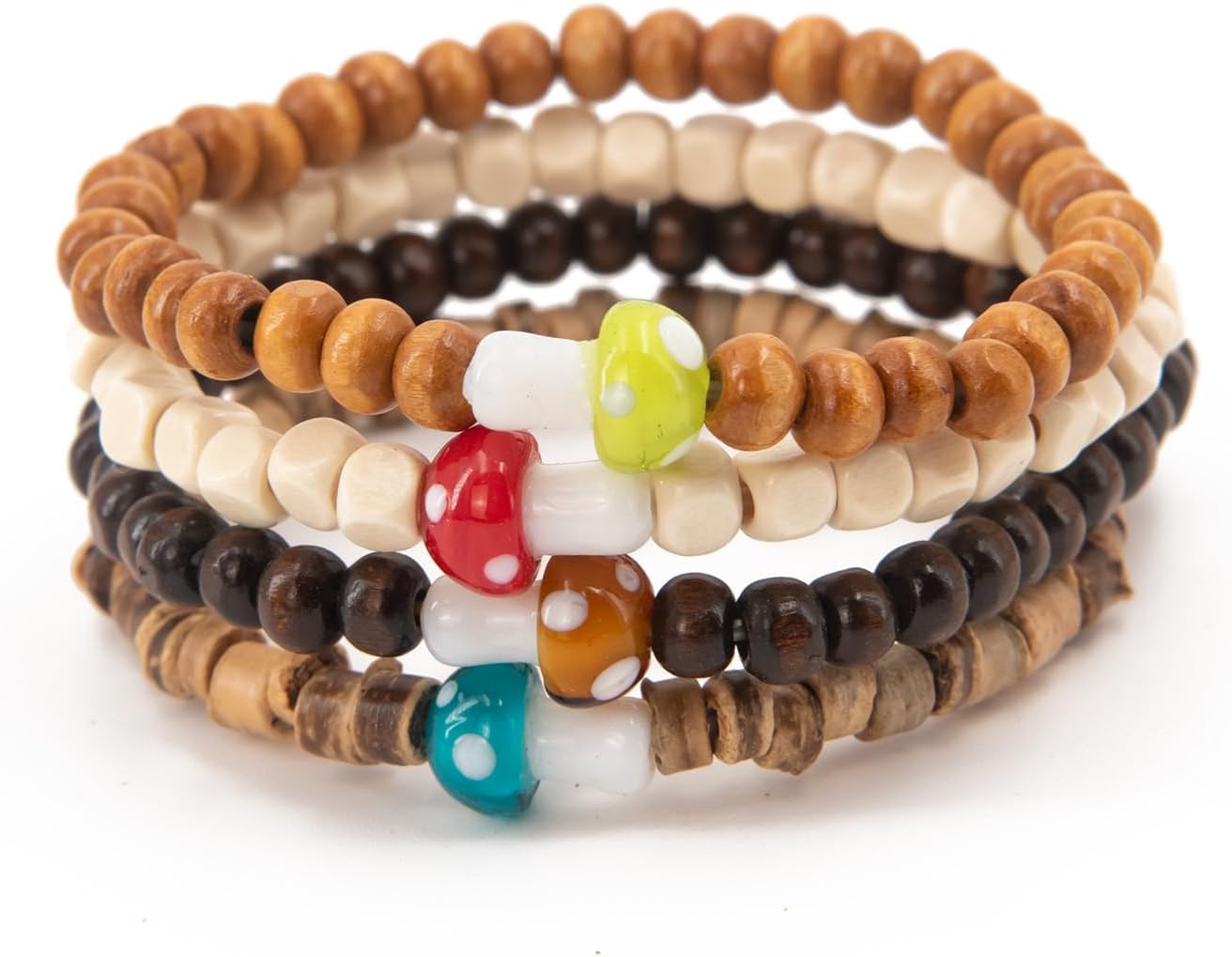 4-Piece Set of Unique Wooden Mushroom Beaded Elastic Bracelets - Unisex, Rustic Bohemian Style, Multi-Color,Good Gifts for Mom,Dad, Boyfriend, Girlfriend, Best Friend,Roommate or Classmate.