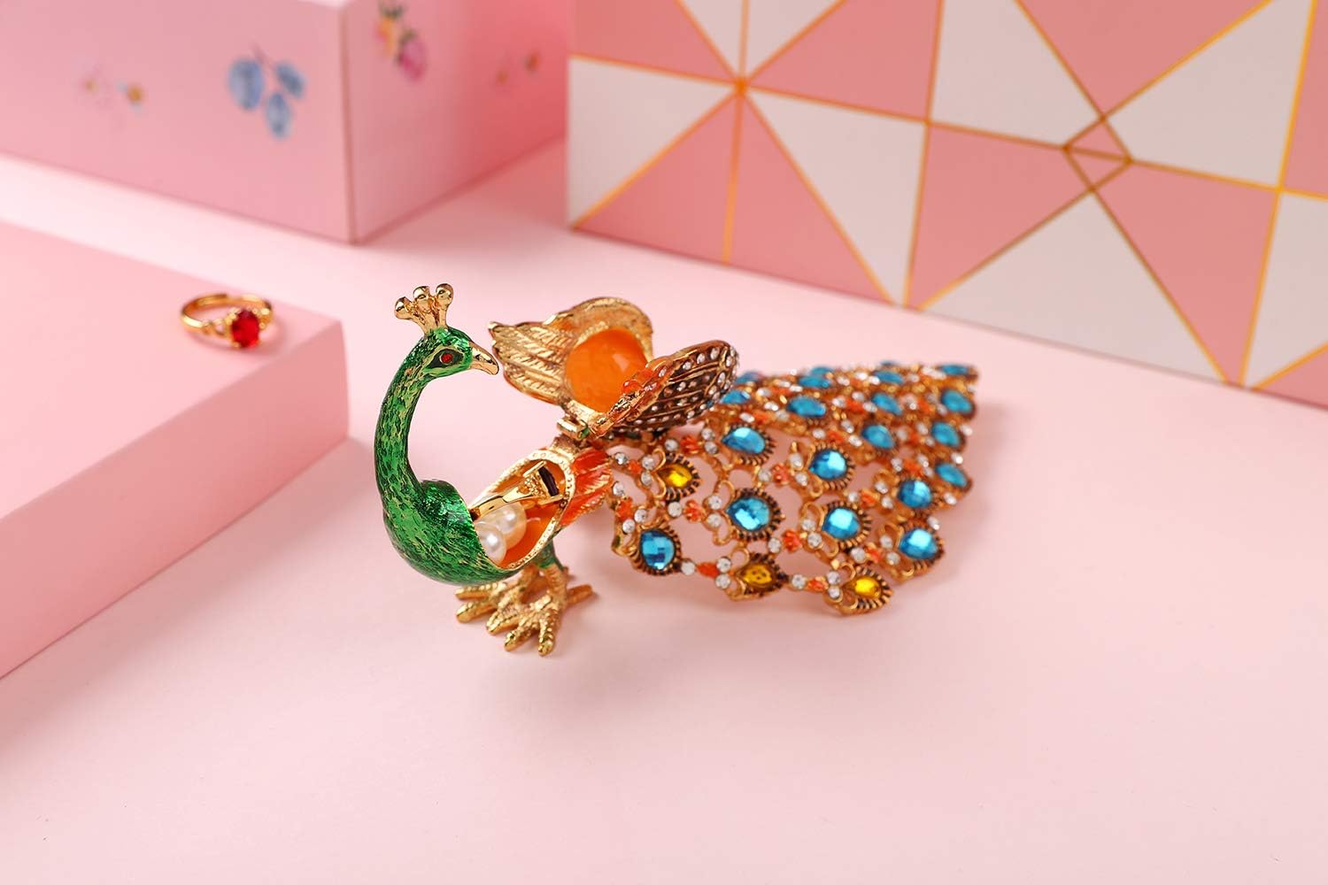 Trinket Box with Hinged Green Peacock Crystal Ornament Decorative Hinged Jewelry Box Ring Store Luxurious Gift for Home Decor