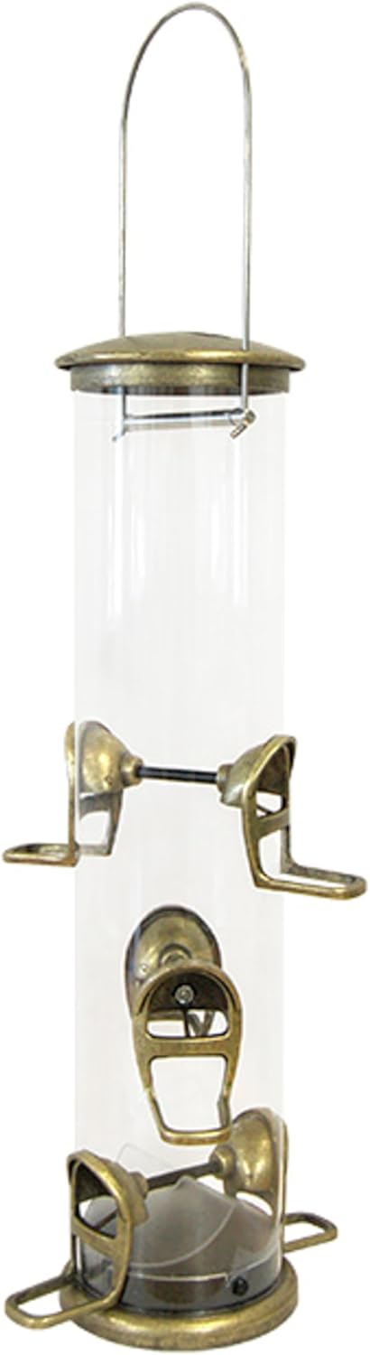 Aspects Big Tube Wild Bird Feeder with Seed, Dome & Tray, 3 Quart Capacity, Antique Brass Ports, 6 Feeding Stations, Hang or Pole Mount, Clear Tube with Rain & Squirrel Guard