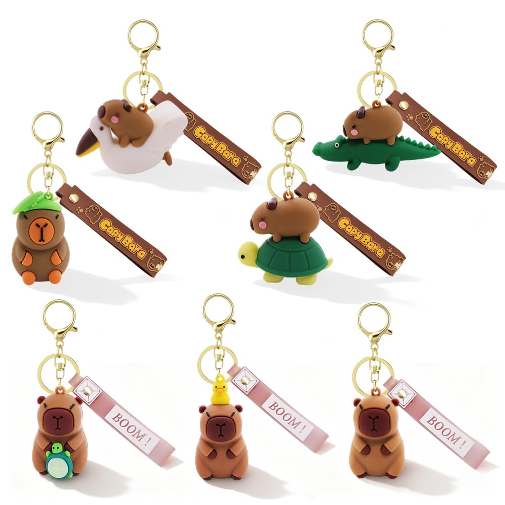 Vexthorion Unisex Kids Brown Capybara Keychains - 7Pcs Cute Capybara Key Ring, Cartoon Animal Figure Keyring Pendant Capybara Car Key Holder Backpack Bag Keychain Charm, Pelican Crocodile Turtle Design For Kids Gifts (7B)