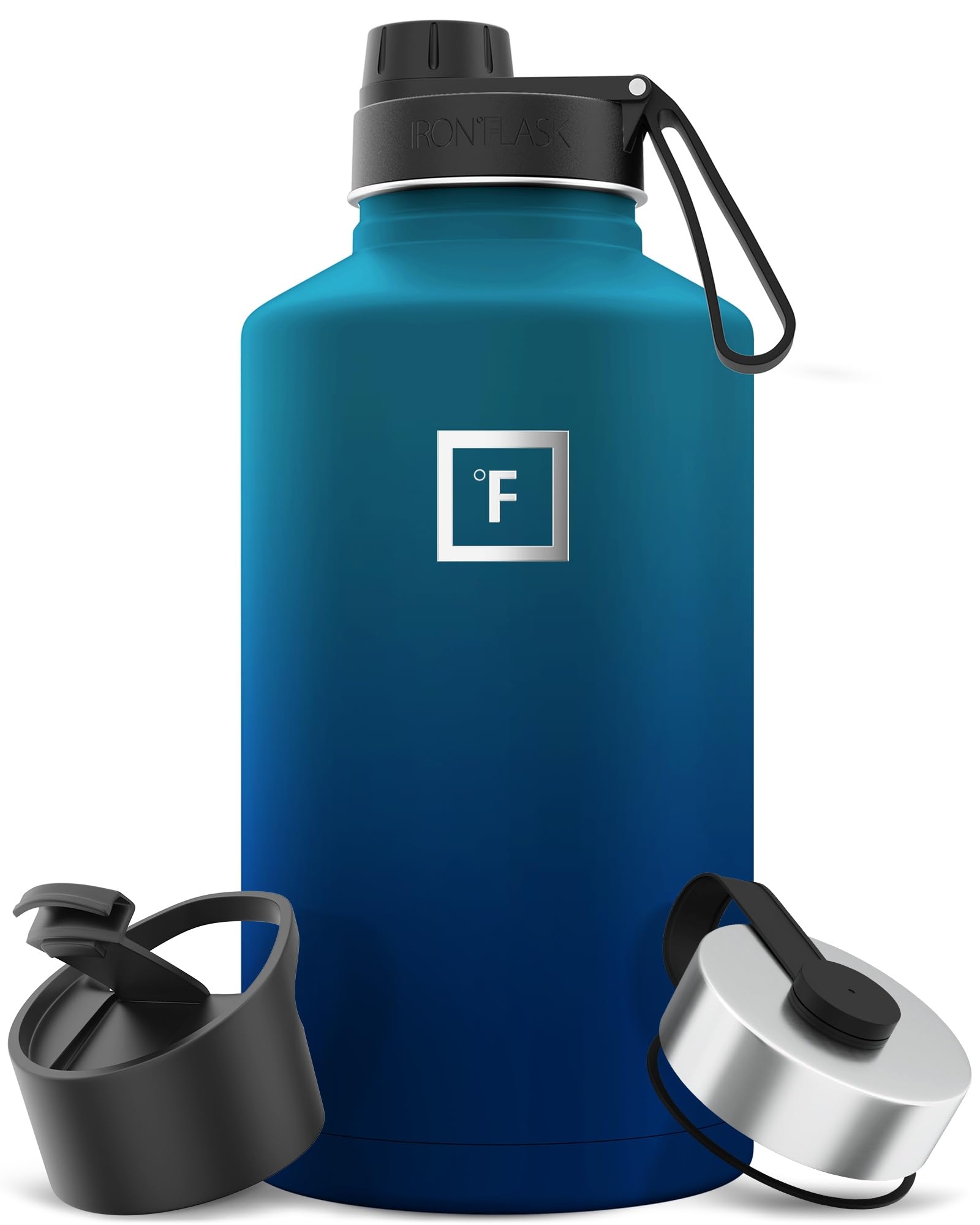 IRON °FLASK Camping & Hiking Hydration Flask with 3 Lids - Stainless Steel, Double Walled & Vacuum Insulated Water Bottle - Leak Proof & BPA Free (Dark Night, Spout - 64 oz)
