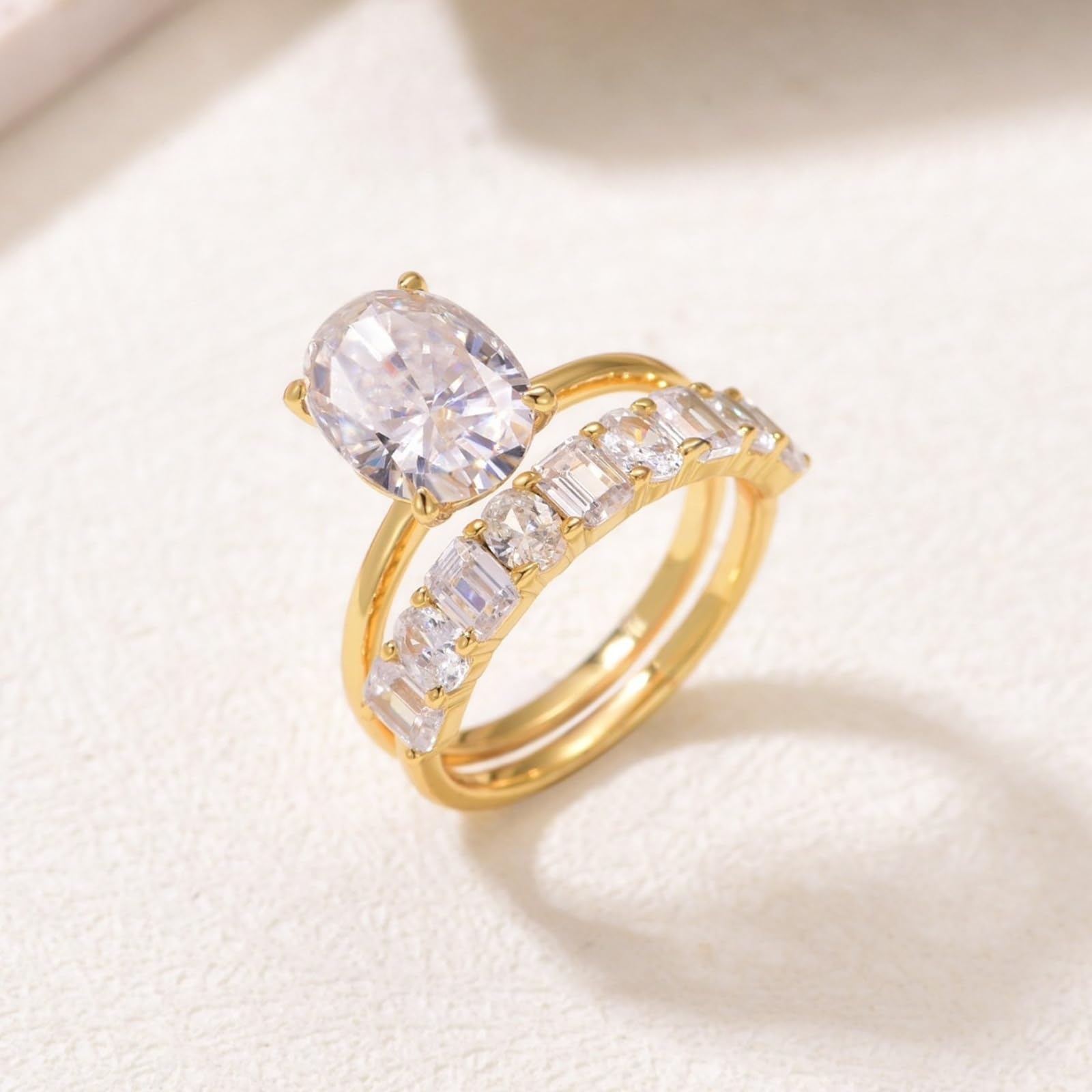 Pierścionek zaręczynowy, złoty moissanite, pierścionek damski, białe złoto, 2 sztuki, z moissanitem 4,5 ct, możliwość układania w stos, prawdziwe złoto