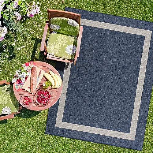 CAMILSON Outdoor Rug 8x10, Modern Outside Rugs for Patios Porches Waterproof Durable Washable Non-Shedding, Easy-to-Clean Indoor Outdoor Area Carpet (8 x 10, Bordered - Blue/White)