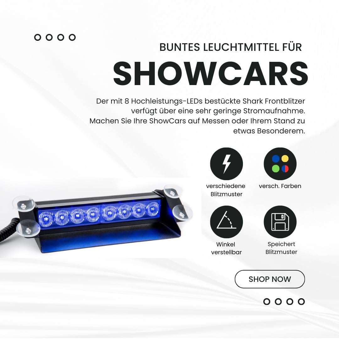 Raptors LED Technik Frontblitzer Shark 8W Scheibenblitzer für Show Cars | Scheibenblitzer 12V | Dash Light | Fake Polizei | Kennleuchte | Fake Blaulicht (Blau)