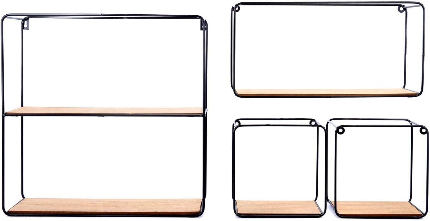 Black coated retro wire and wood wooden unit display shelf wall hanging home decor decoration shelves (SET OF 4 WALL HANGING SHELVES)