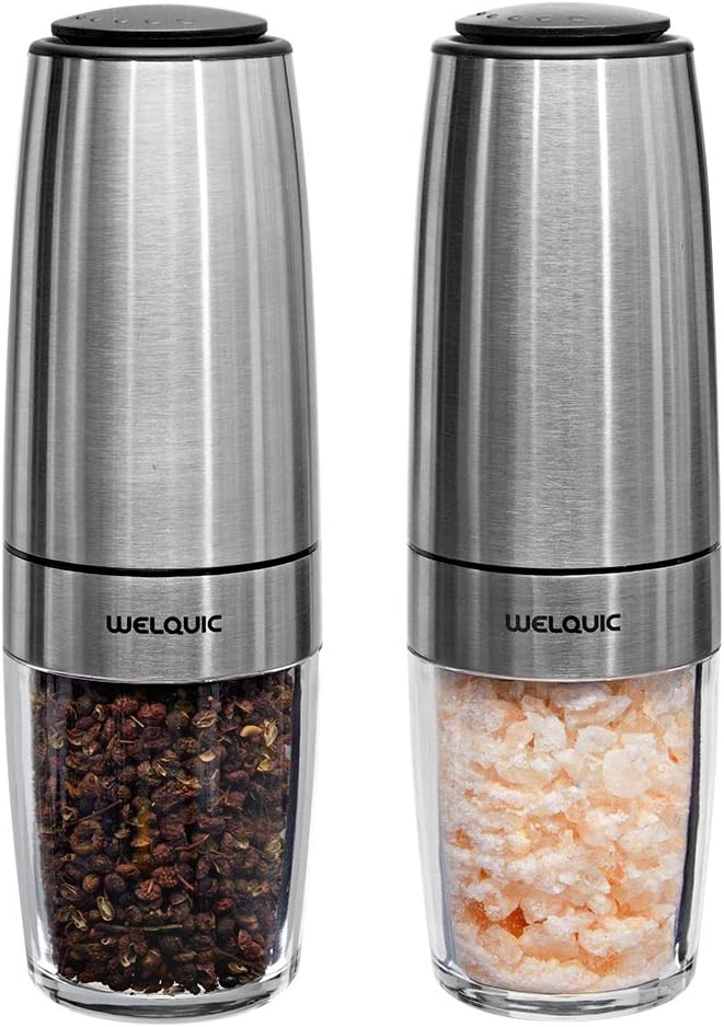 WELQUIC Electric Pepper and Salt Grinder Set, 2 in 1 Salt n Pepper Shaker and Mill, Battery Operated Automatic Gravity Start with Adjustable Coarseness, Ergonomic Design Made of Stainless Steel