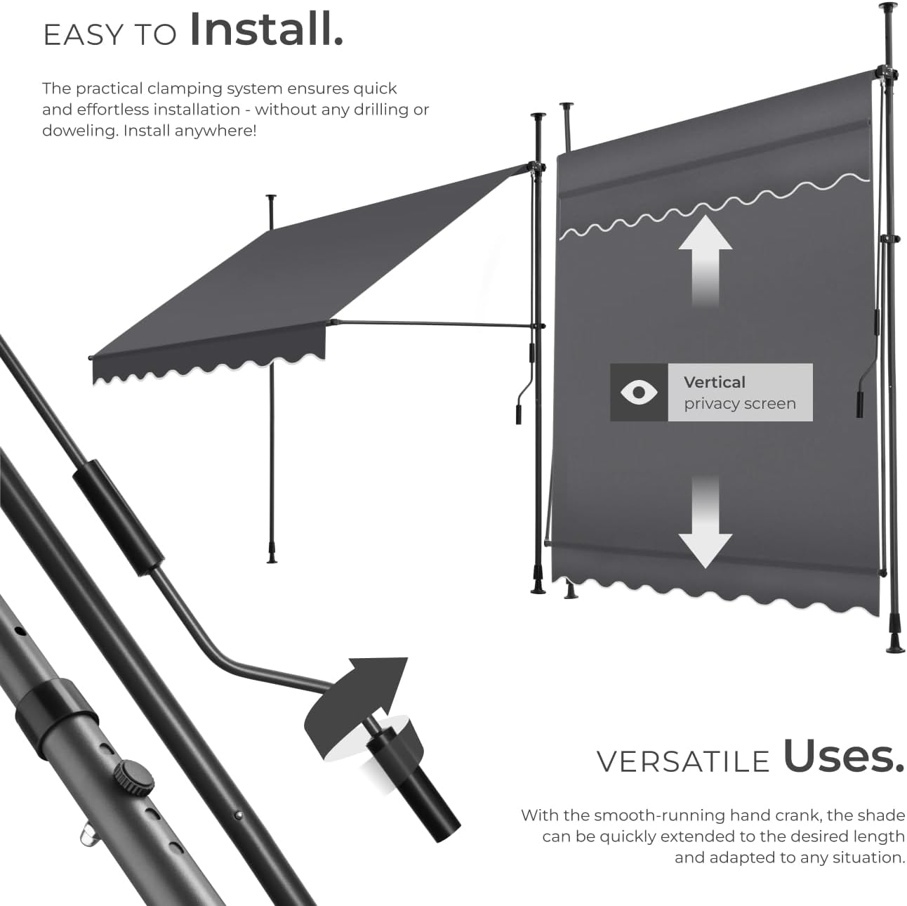 Diagram illustrating easy installation with clamping system and versatile uses including vertical privacy screen