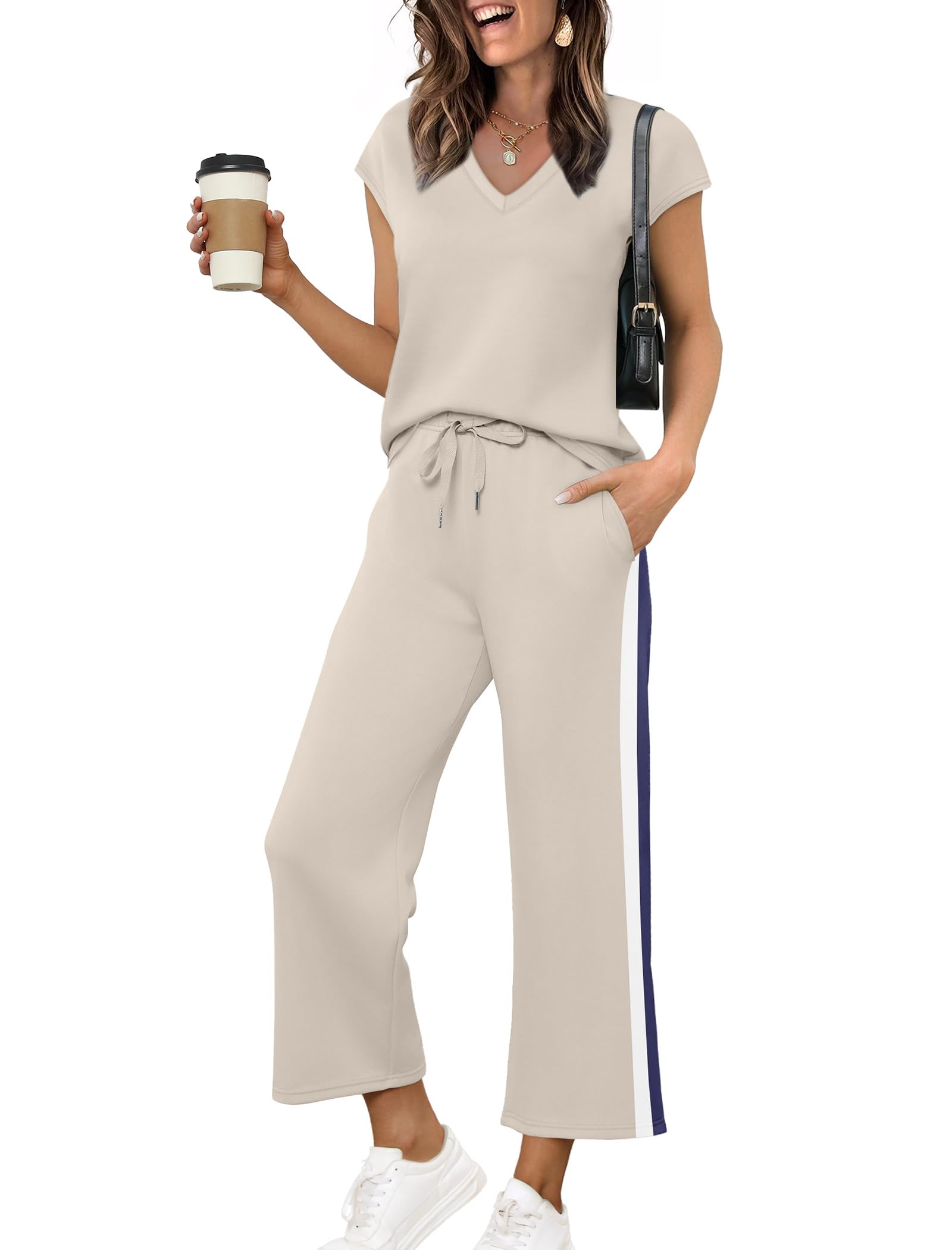 Saloogoe Two Piece Sets for Women Summer Outfits Lounge Sets V Neck Tops Wide Leg Pants Woman Vacation Travel Outfits