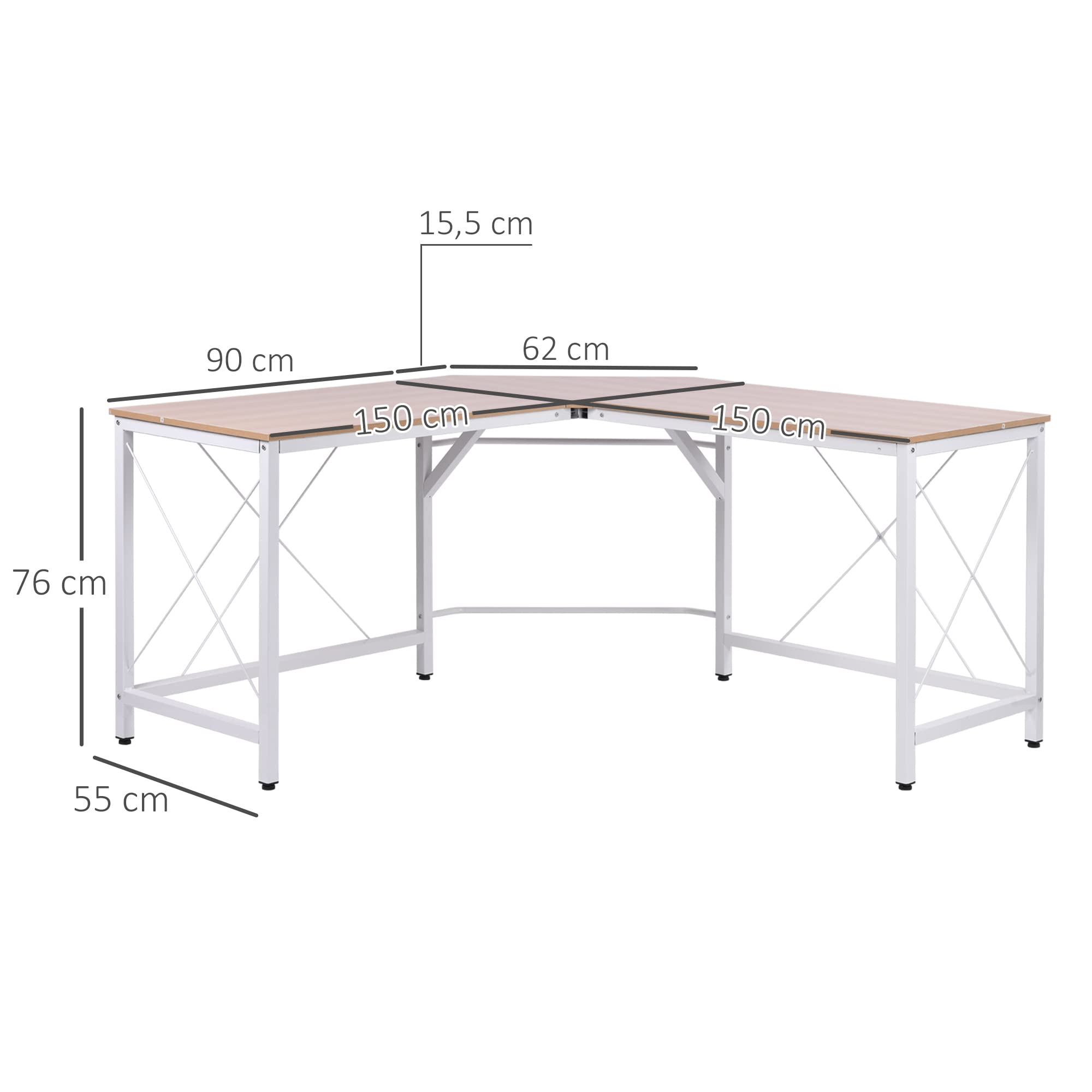 HOMCOM Escritorio en Forma de L Escritorio Esquinero Moderno con Marco de Acero Carga 70 kg para Oficina Hogar Estudio 150x150x76 cm Roble