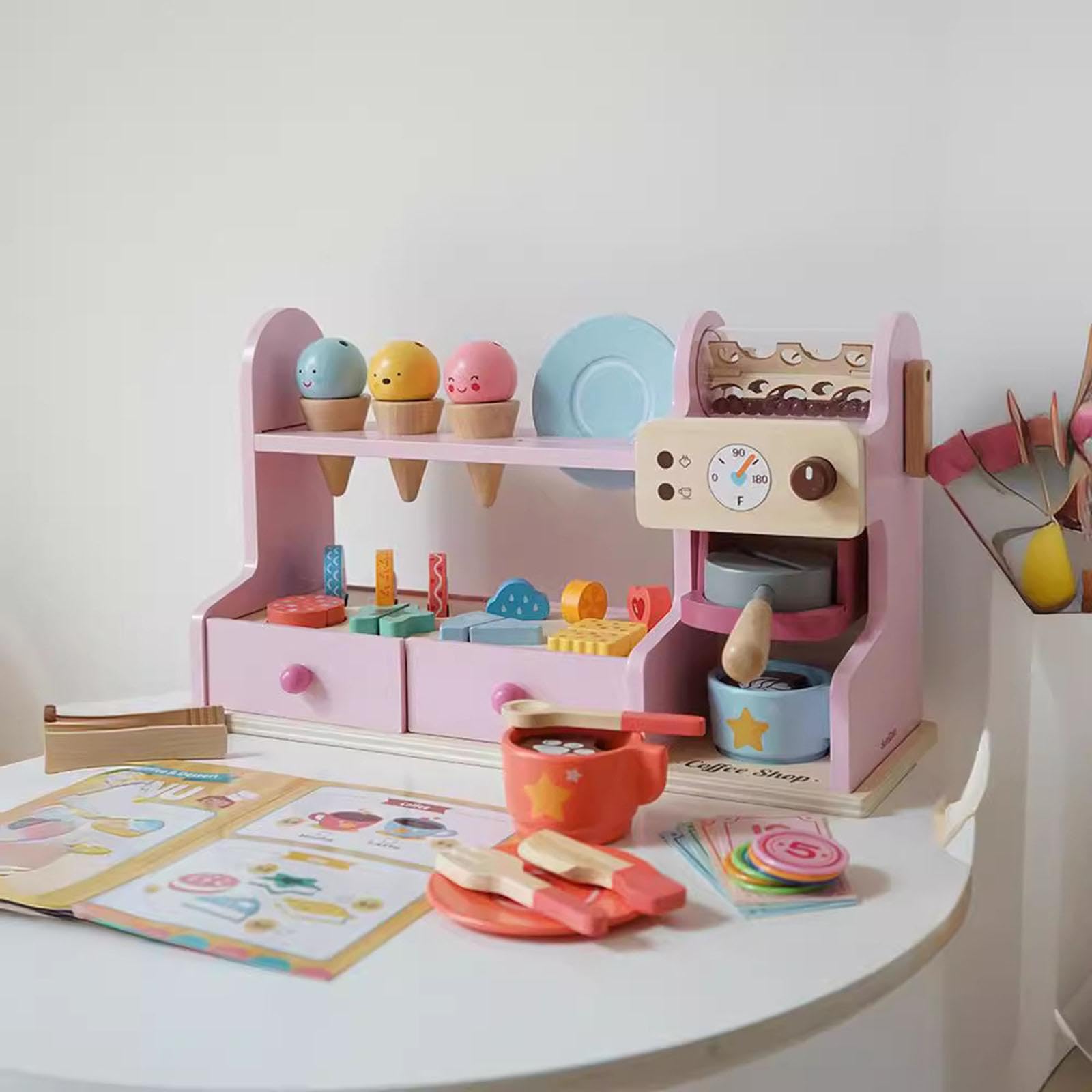Giocattolo in Legno a Forma di Gelateria, Bancone del Gelato per Bambini E Bambine dai 3 Anni in su, Rosa