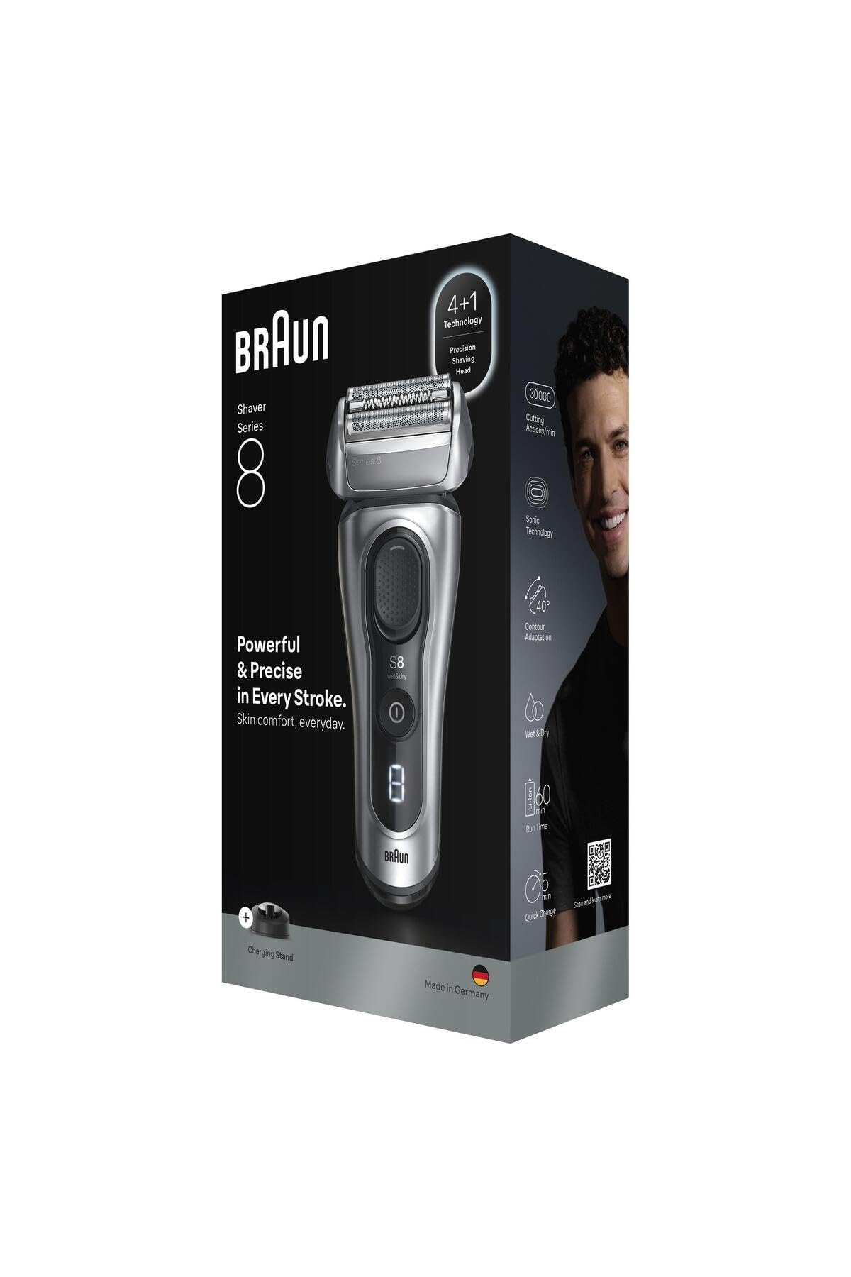 Braun Rasoir électrique Series 8 pour homme, tête de précision 4 + 1, SensoAdapt pour toutes les densités de barbe, rasoir avec batterie de 60 min, support de charge, rasoir humide et sec – 8617s