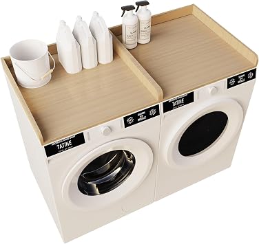 Washer Dryer Countertop with Shelf, 54" x 27" Wooden Laundry Countertop with 2 Hooks & Non-Slip Pads, Washer and Dryer Covers for The Top White Marble