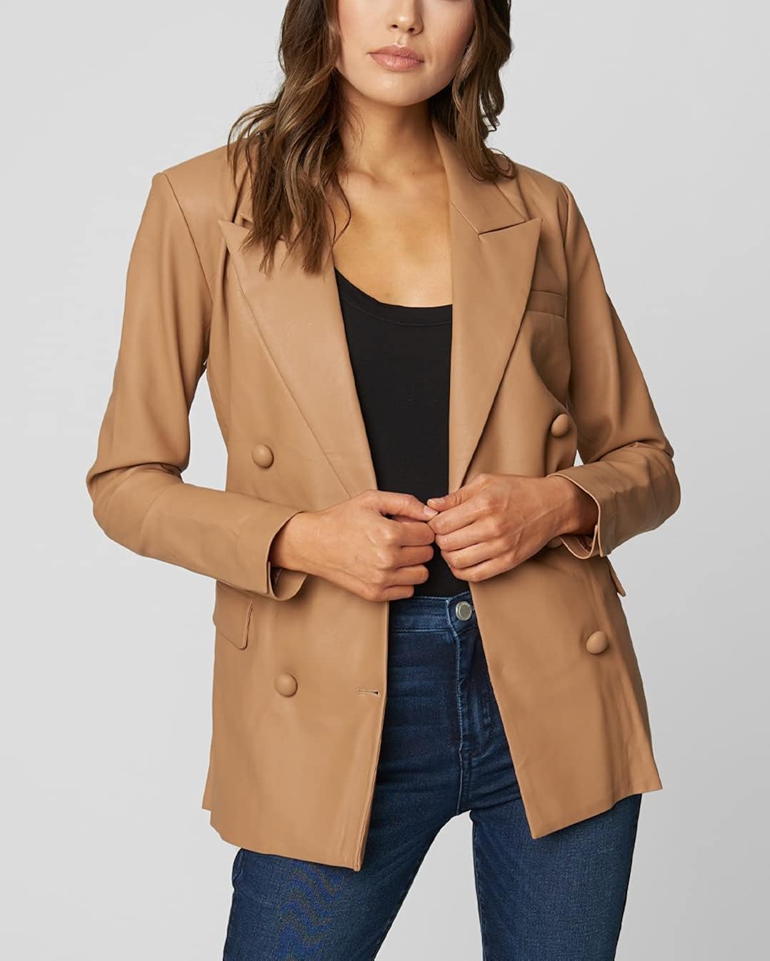 [BLANKNYC] Womens Double Breasted Long Vegan Leather Blazer at  Women’s Clothing store