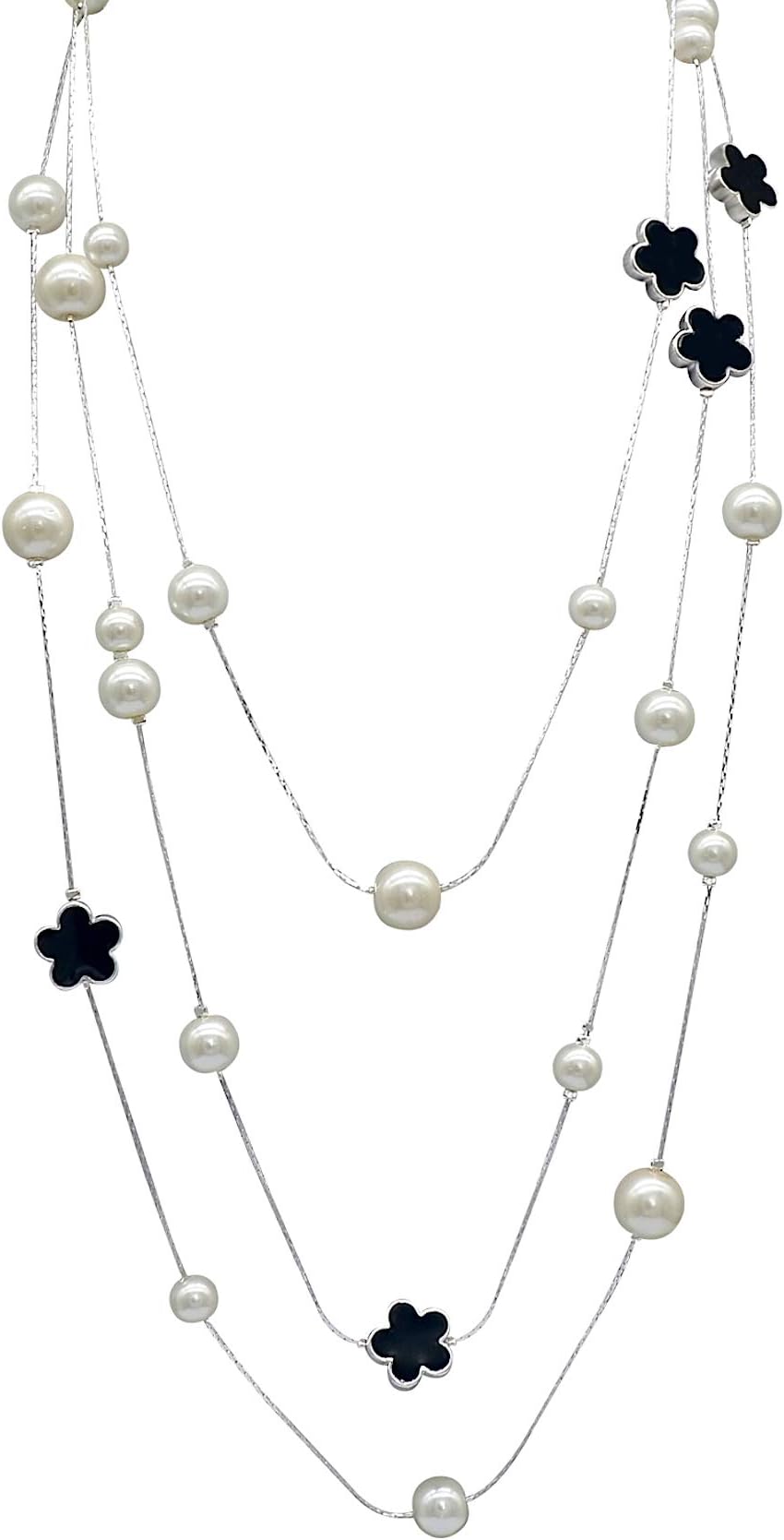 Fashion Jewelry Designer Bridal and Chic Long Imitation Pearl Clover Flower Strand Necklace for Women