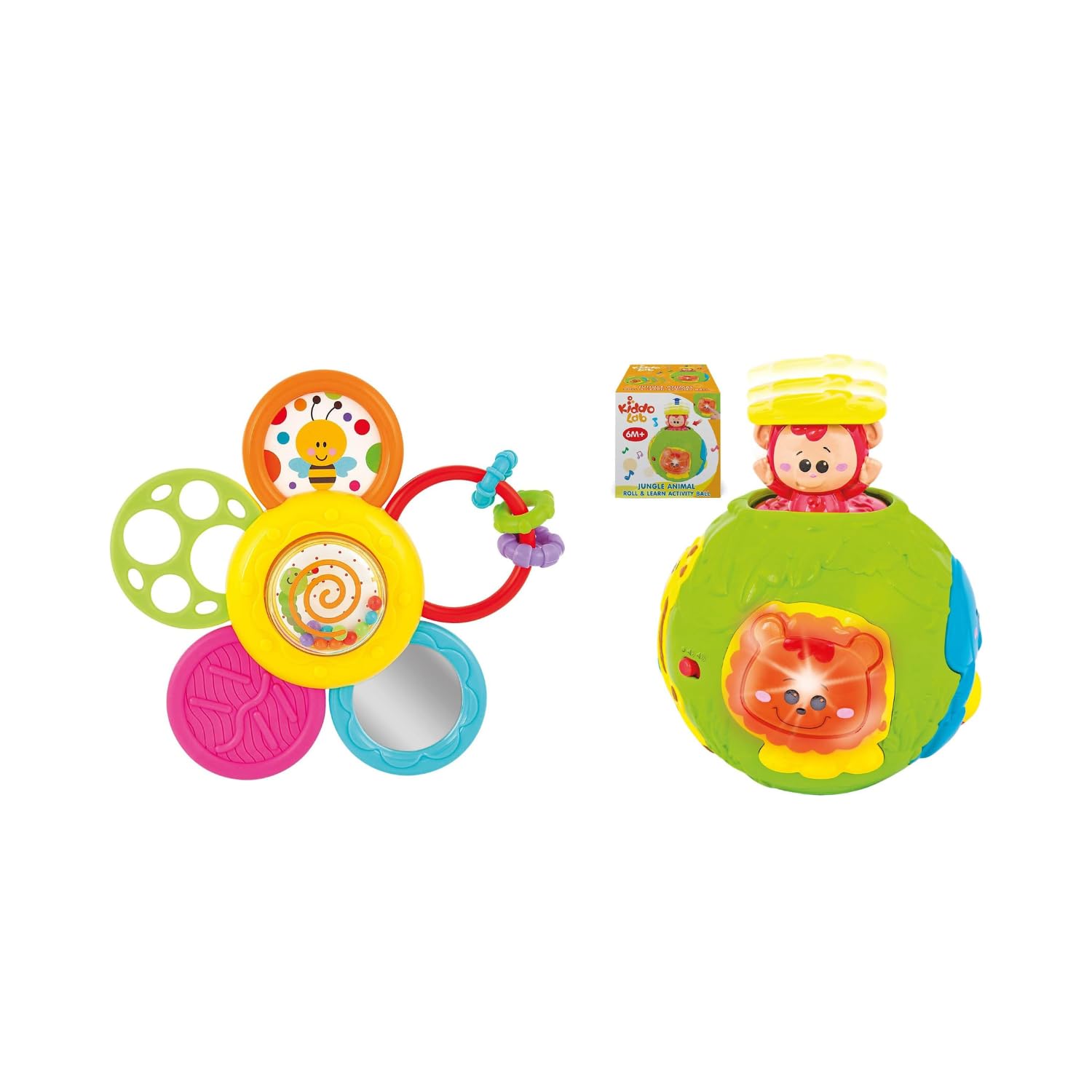 KiddoLab Ultimate Baby Playtime Set: Multi-Use Spin & Rattle Toy + Interactive Jungle Activity Ball - Multifunctional Sensory Exploration, Age 6 Months & Up.