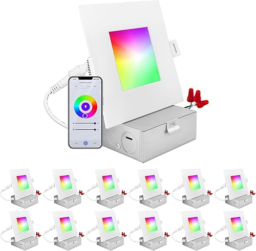 LUXRITE Paquete de 12 luces LED inteligentes empotrables cuadradas de 4 pulgadas, cambio de color RGBW, control de aplicación WiFi, control de voz