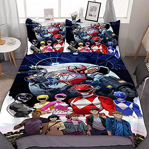 NICHIYOBI Power Rangers Parure de lit en microfibre, avec housse de couette et taie d'oreiller, impression numérique 3D, parure de lit en 3 pièces (1,135 x...