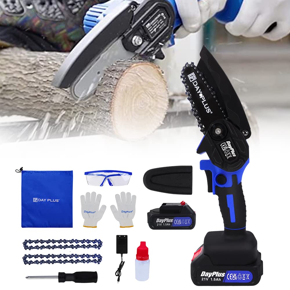 Mini Cordless Chainsaw Kit, 4" One-Hand Handheld Electric Portable Chainsaw, Brushless Motor, 2 Exchangeable Chains, 21V Rechargeable Battery Operated, for Tree Trimming and Branch Wood Cutting