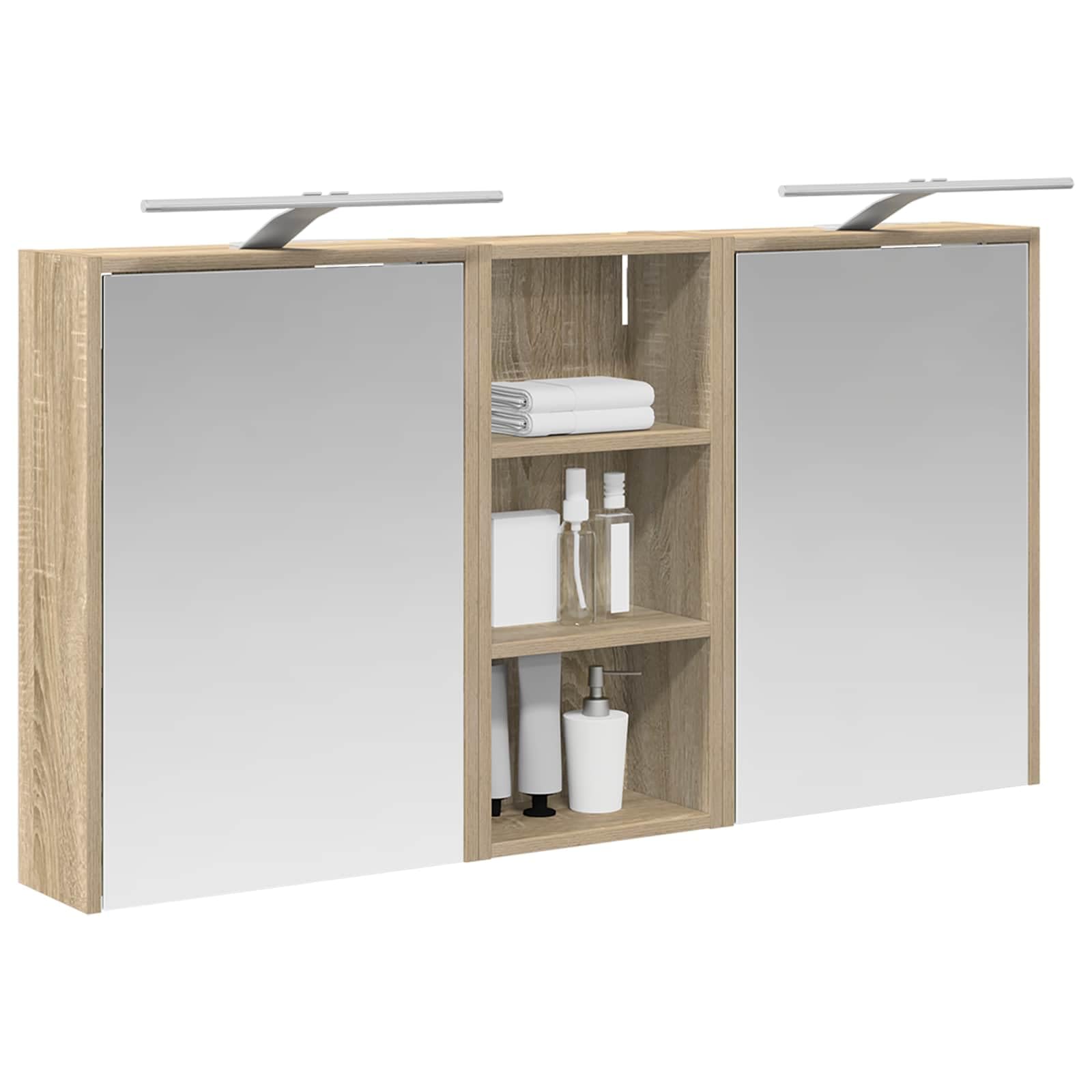 Zestaw szafek łazienkowych z materiału drewnopochodnego 3-częściowy 116 x 16 x 62,5 cm z oświetleniem LED, dwudrożne lustro, montaż na ścianie, miejsce do przechowywania, meble łazienkowe